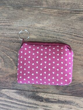 Pink Heart Print Hand Made Canvas Zip Wallet with Keyring            M392